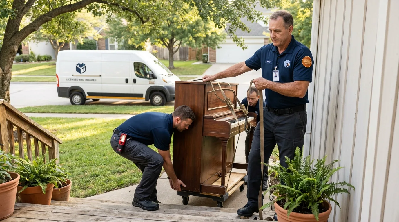 Licensed piano movers securing grand piano in Braddock Heights, MD