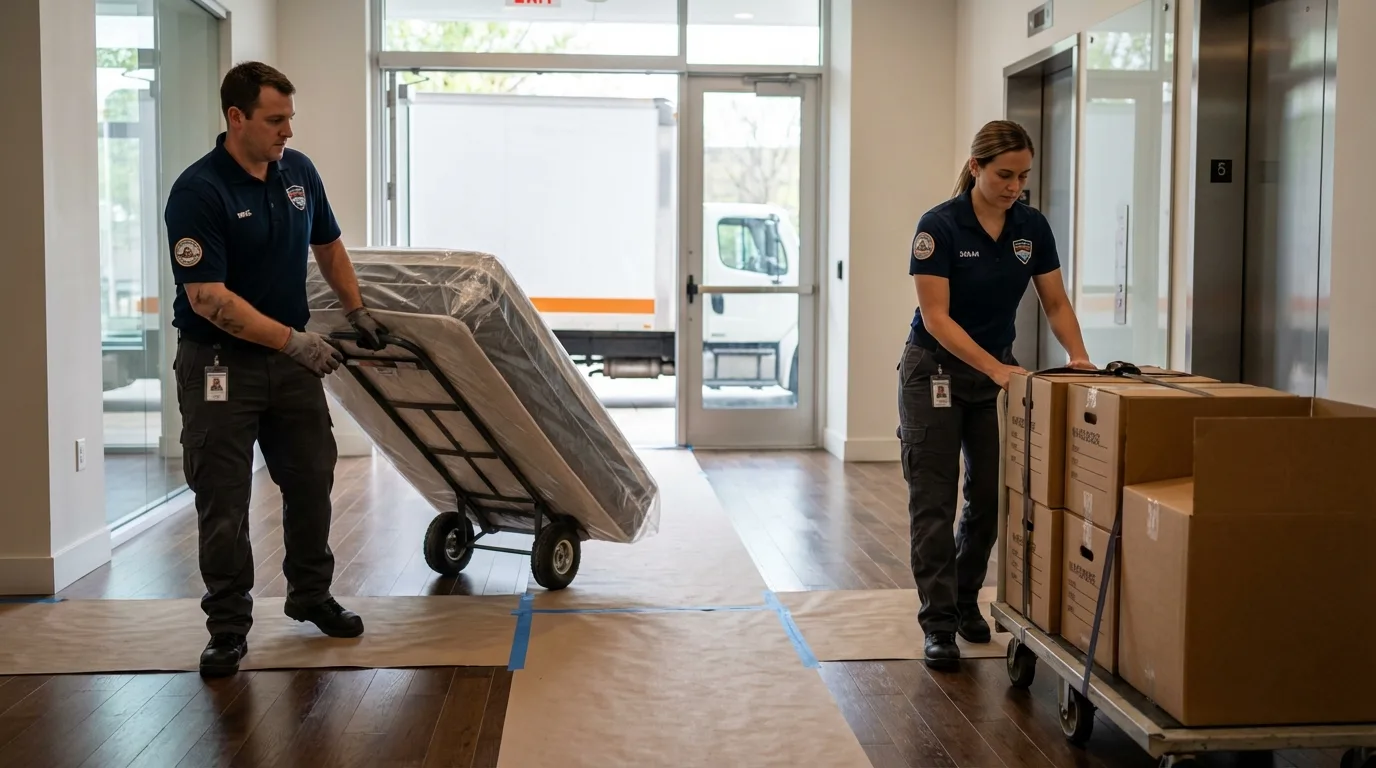 Professional apartment movers loading elevator in Braddock Heights, MD